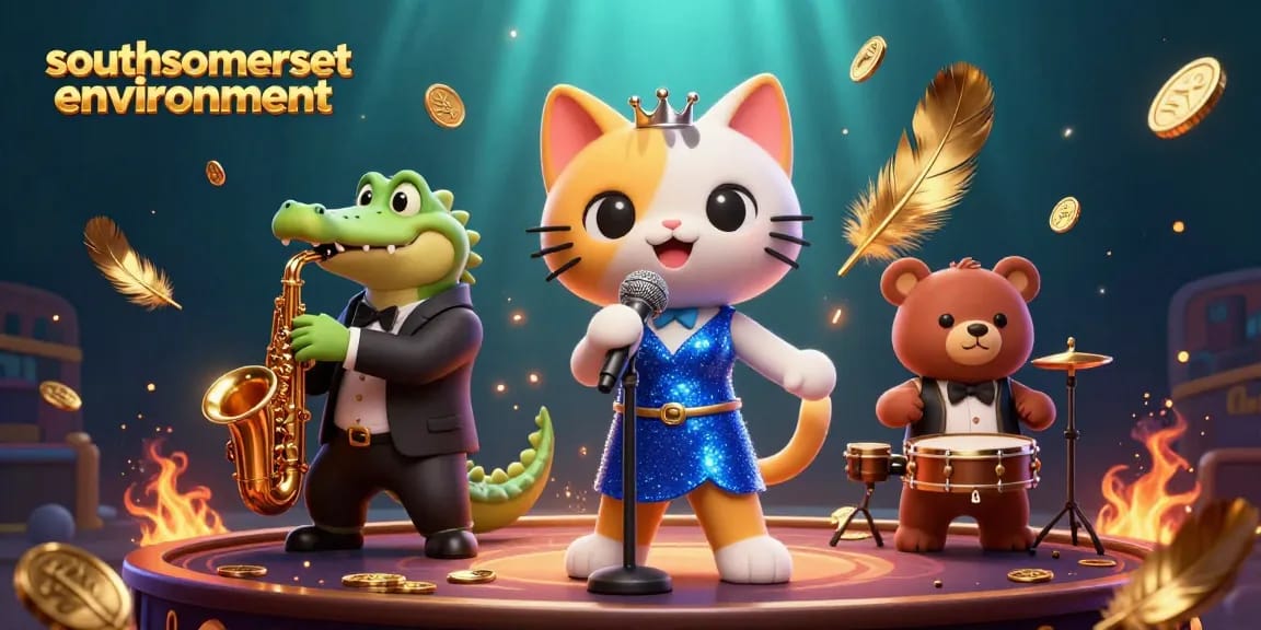 Engage with southsomersetenvironment at a lively casino scene featuring a jazz-singer cat and vibrant decorations.