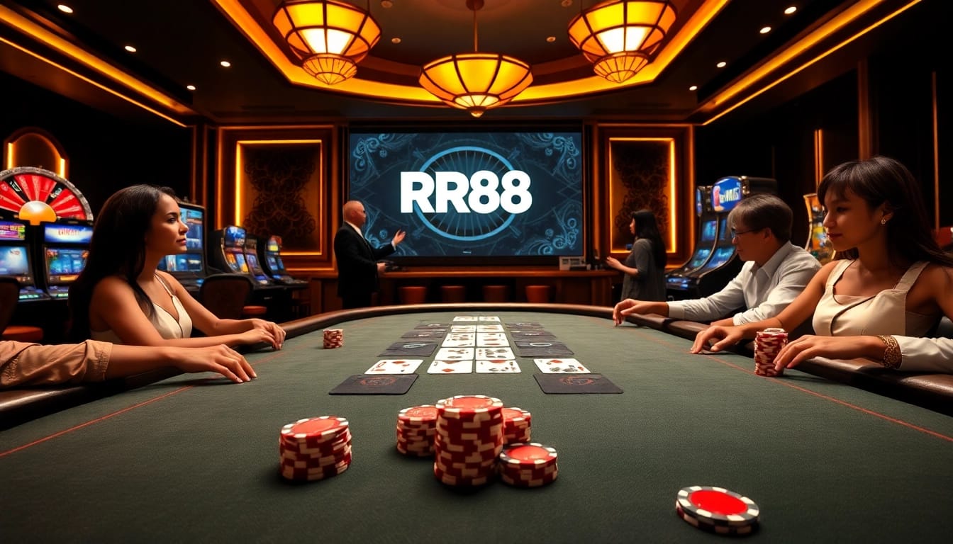 Players at the RR88 poker table excitedly compete for big wins in a luxurious casino atmosphere.