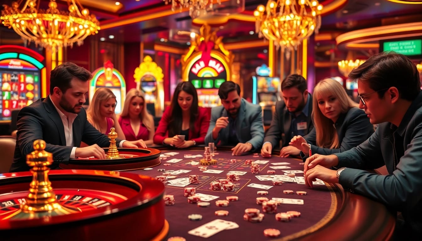 Exciting gambling scene featuring https://thabet.vegas/ with luxury casino tables, cards, and vibrant poker chips.