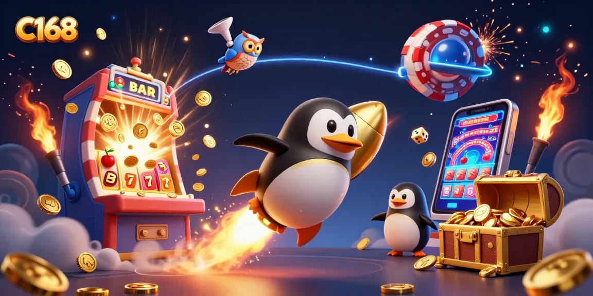 C168 casino theme illustration with a golden penguin, slot machine, and poker chip elements.