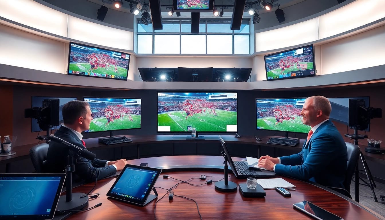 Dynamic sports broadcasting studio with live feeds, showcasing the energy and professionalism of the industry.