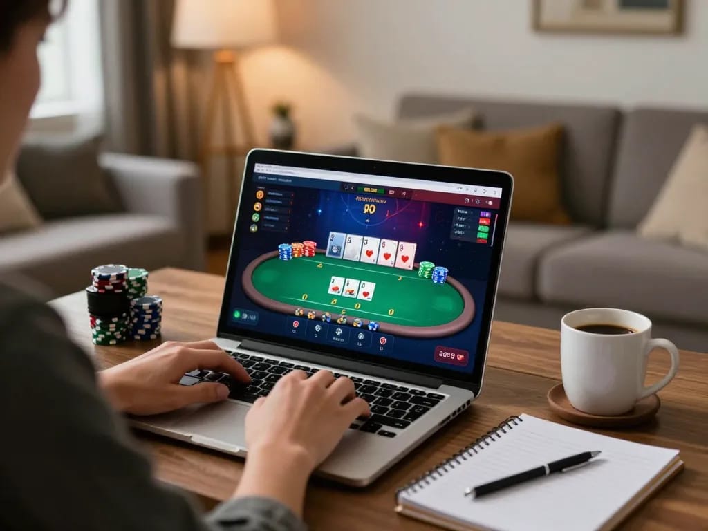Player engaging in online poker at tg88 com with cards and chips visible in a cozy home setup.