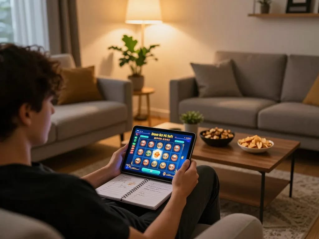 Permainan menarik di Demo Slot PG Soft Mirip Asli yang ditampilkan di tablet dalam lingkungan rumah yang nyaman