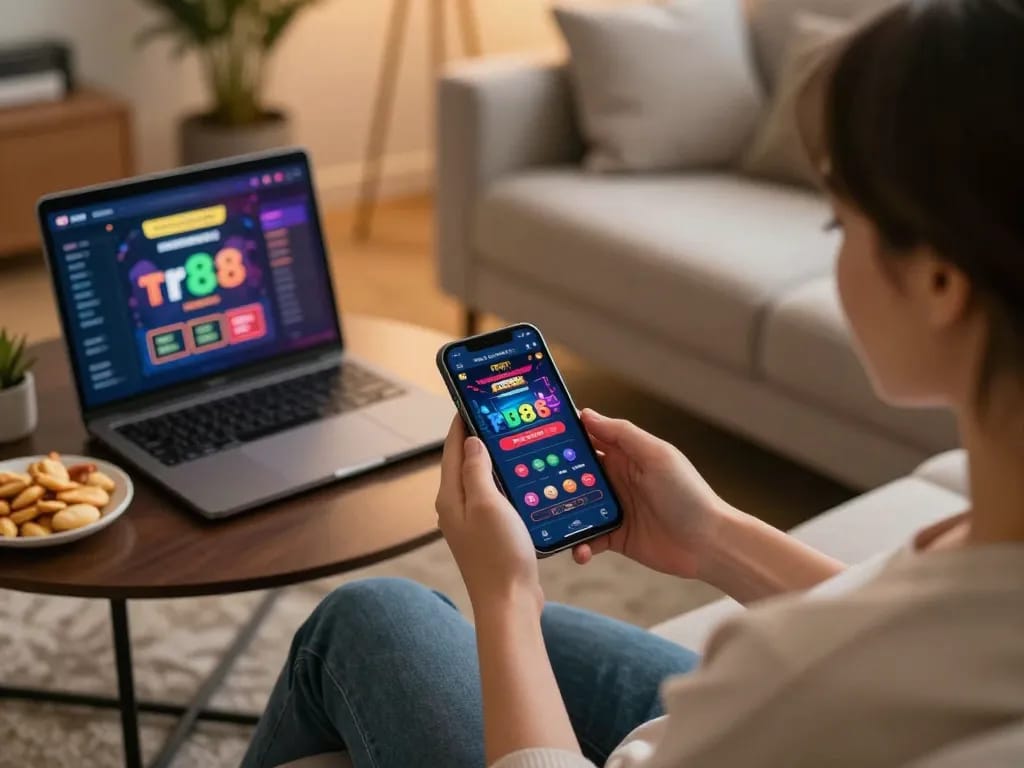 Engaging with tr88 bet on a smartphone in a cozy gaming setup.