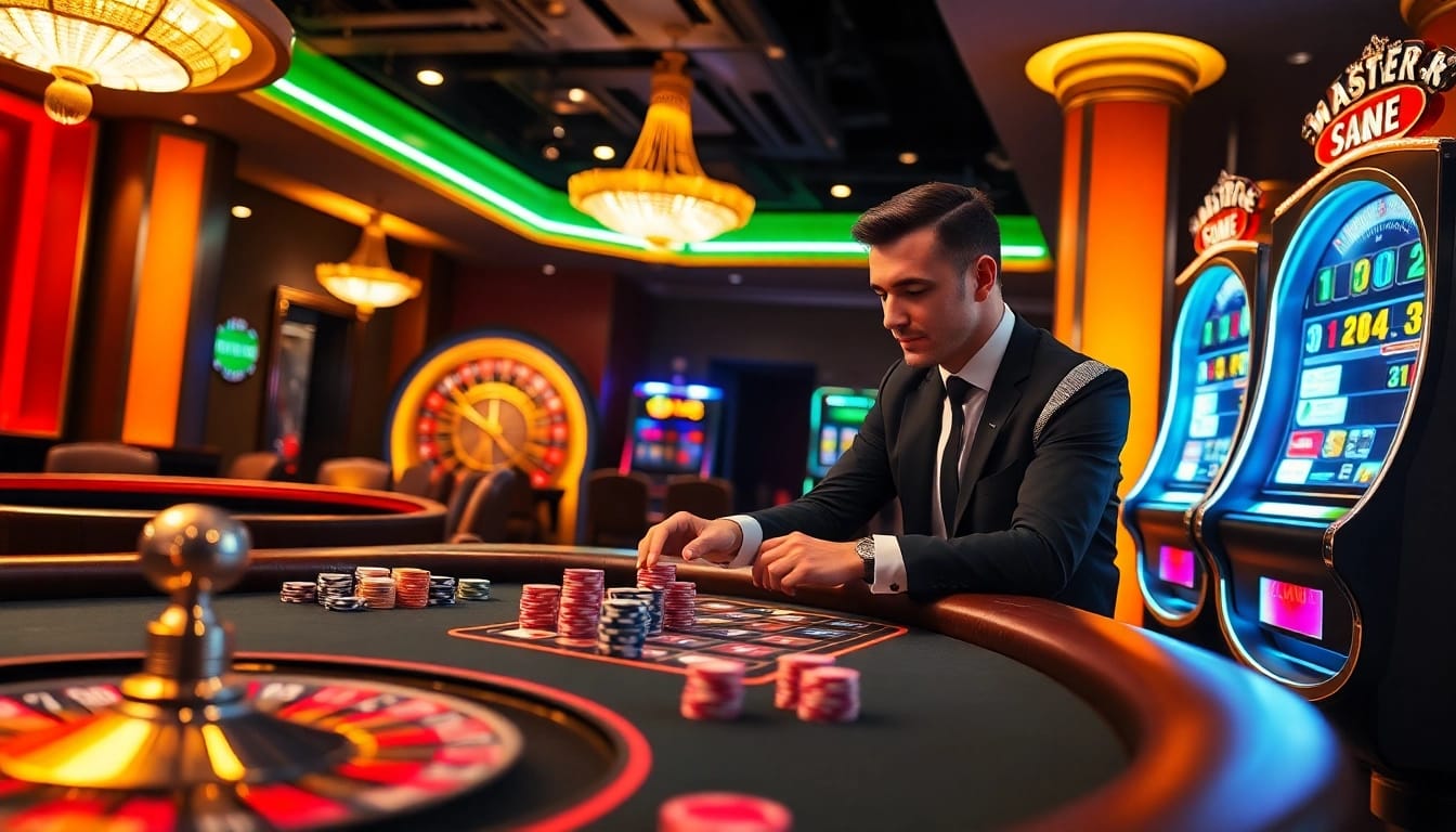 Experience kx8 excitement at a luxurious casino with poker tables and slot machines.