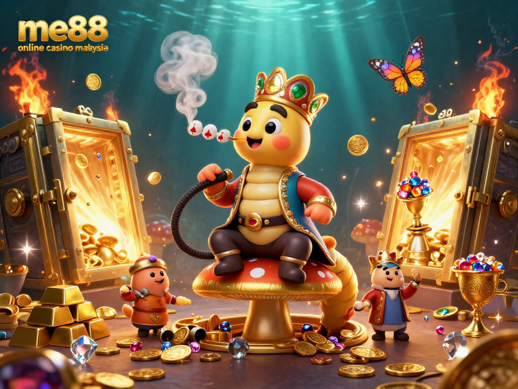 Engage with me88 online casino malaysia through a vibrant 3D illustration showcasing excitement and luxury.