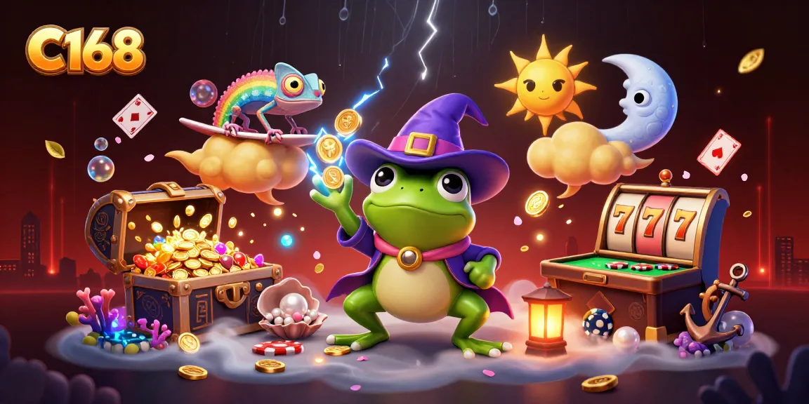 Spin the reels at C168 as a weather wizard and chameleon celebrate gambling wins amidst treasures.