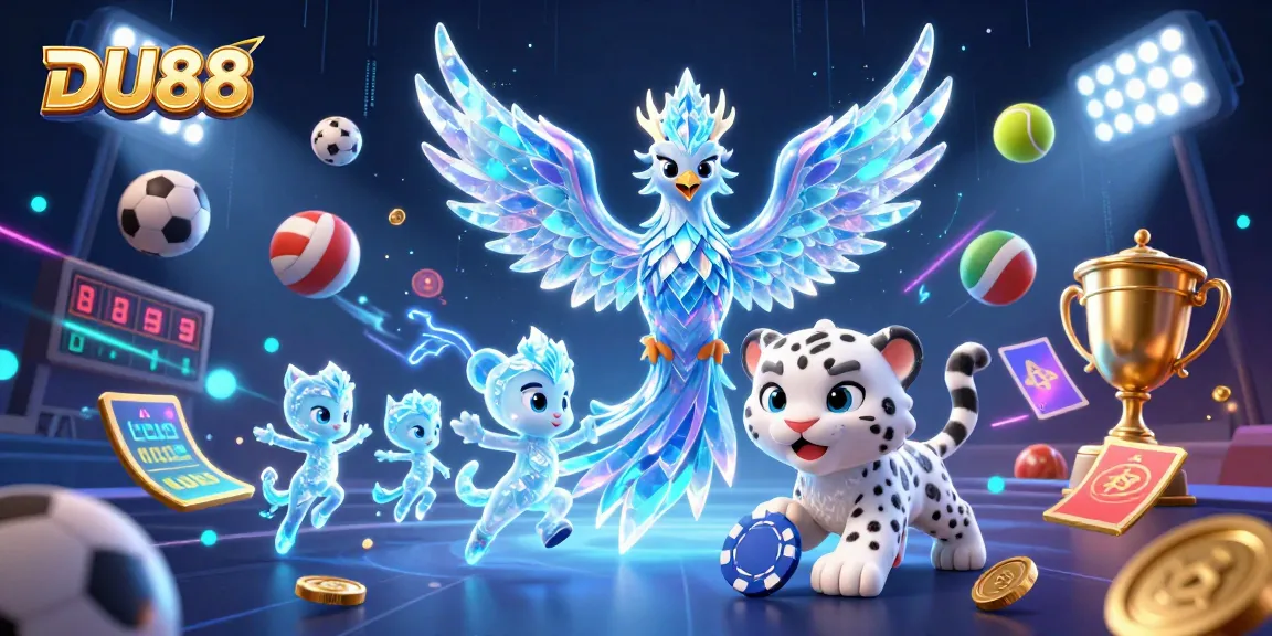 Experience DU88 with a dazzling 3D casino scene, featuring a phoenix, snow leopard, and vibrant gaming elements.