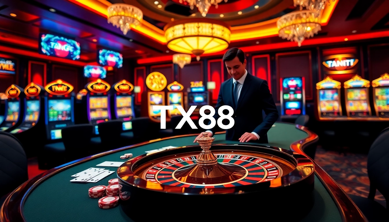 Experience thrilling casino gameplay at TX88 with vibrant poker tables and roulette wheels.