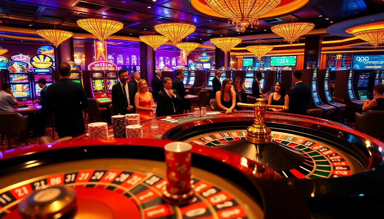 Engage with the thrilling gaming environment at qqmacan with vibrant slot machines and elegant poker tables.