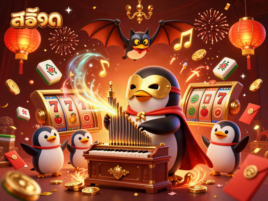 Experience สล็อต magic with a penguin playing an organ, shooting coins in a lively casino scene.