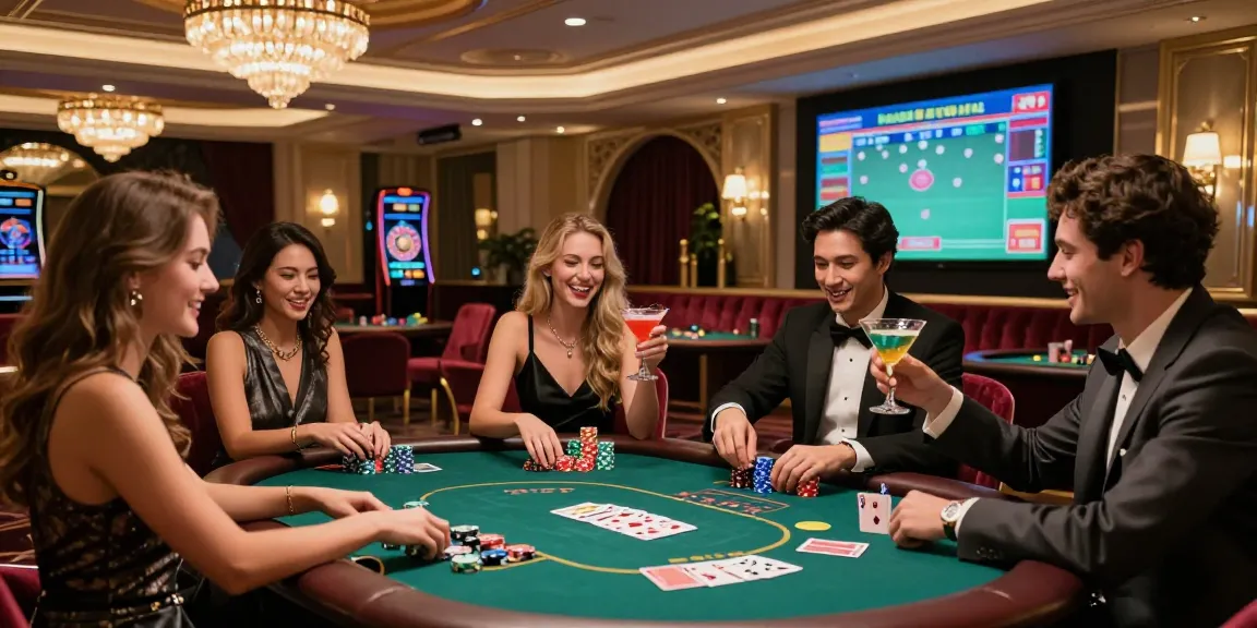An exciting iwin casino scene showing friends celebrating at a poker table in a luxurious lounge.