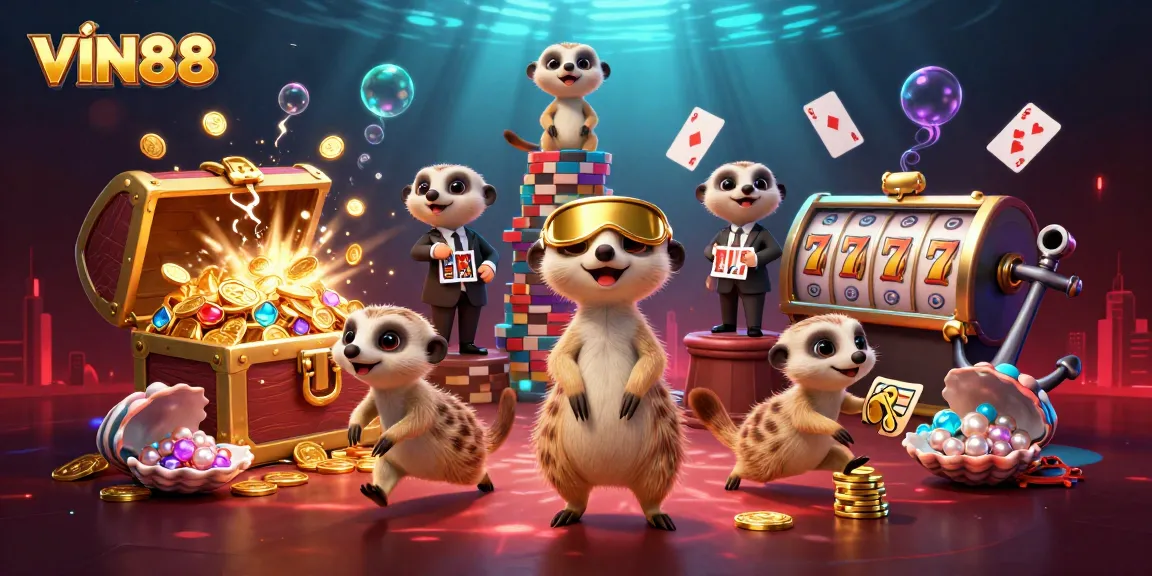 Experience the excitement of VIN88 with meerkats managing a vibrant casino scene filled with action.