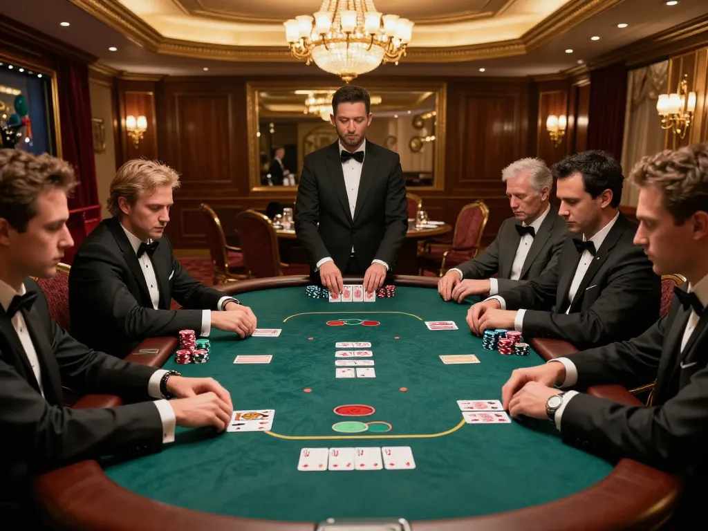 W69 players strategizing in a luxurious high-stakes poker game with exquisite decor