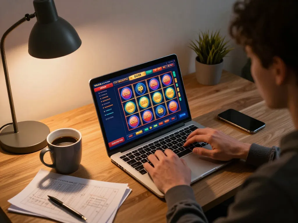 GO88 online gaming session with vibrant slots interface in a cozy home office setting.