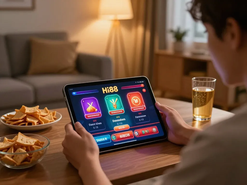 Experience strategic online gaming on Hi88's platform with a tablet in a cozy home setting.