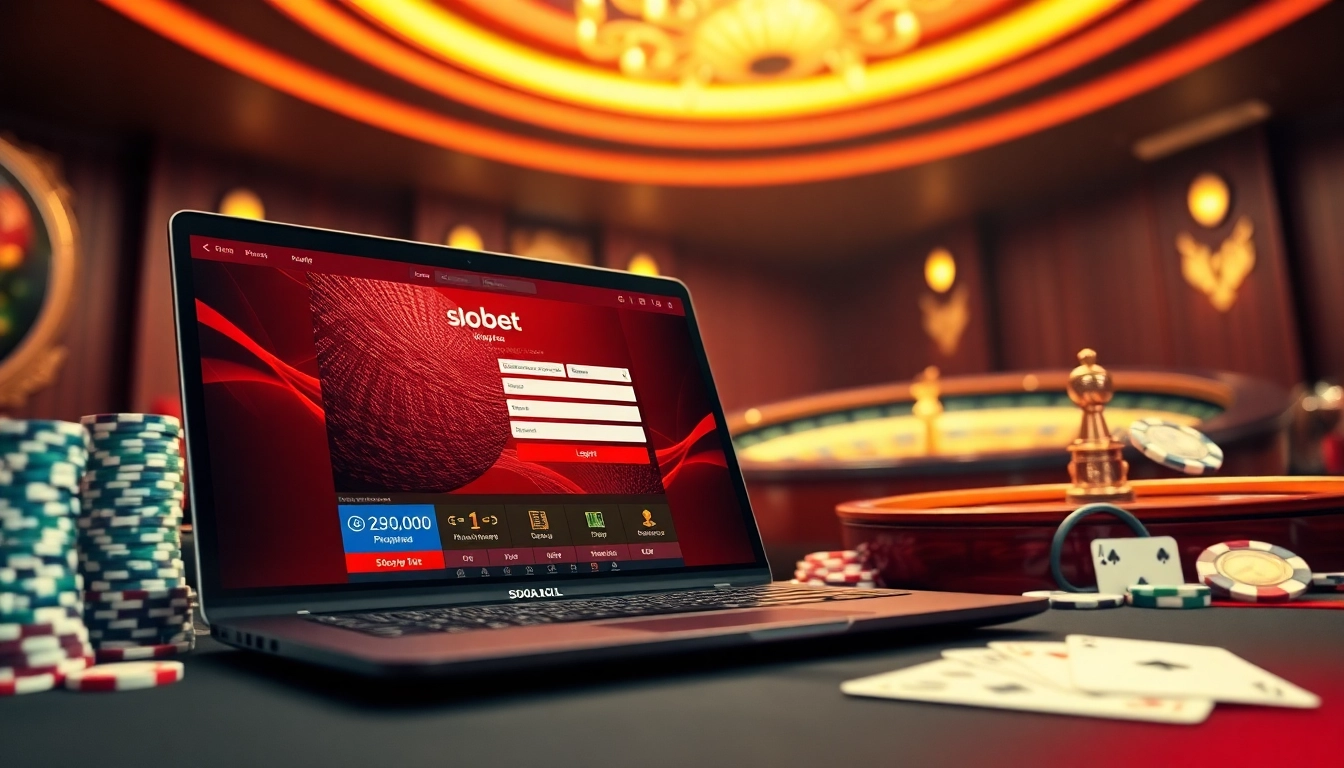 Engaging scene of sbobet login indonesia with casino elements like poker chips and roulette, enhancing online betting excitement.