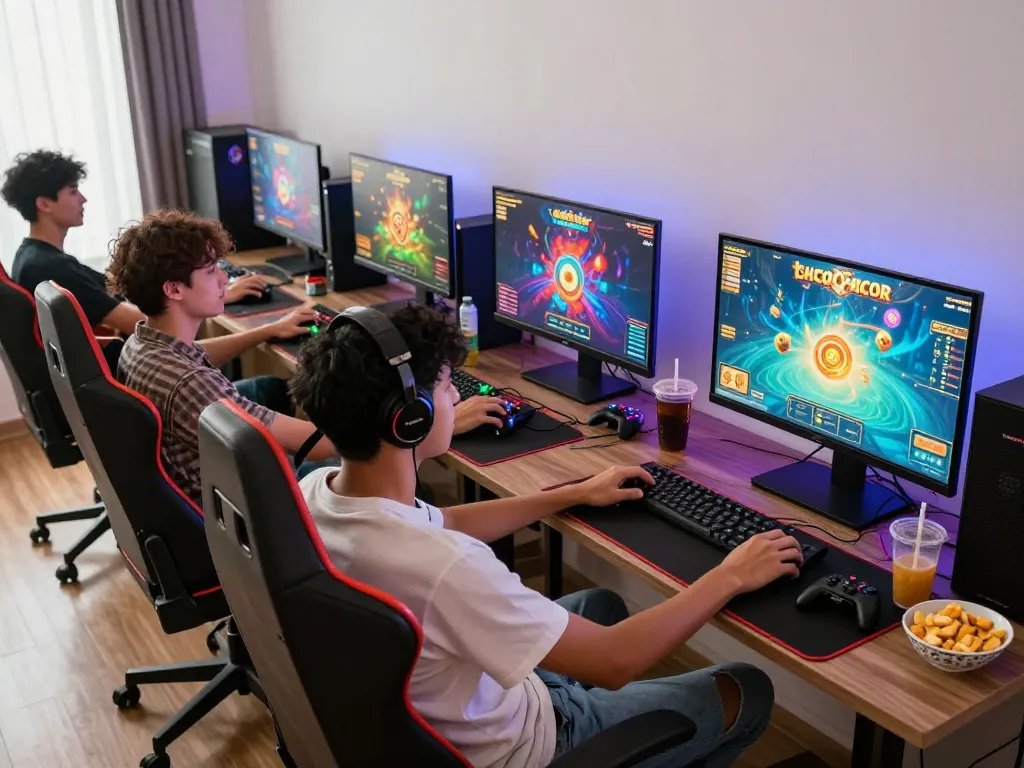 Engaging players enjoying slot gacor in a colorful gaming setup.