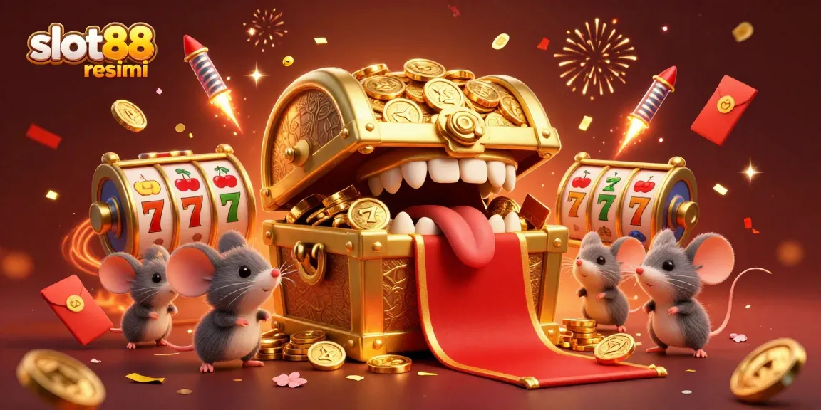 Engage with slot88 resmi through an exciting 3D illustration, showcasing vibrant casino elements and festive atmosphere.