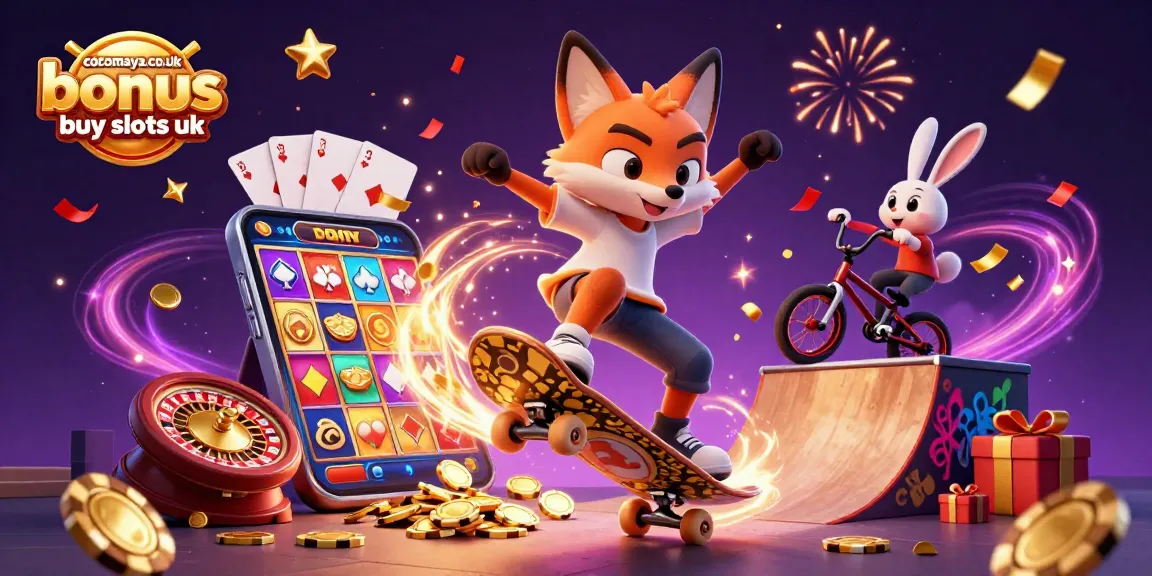 Enjoy the vibrant scene with cocomaya.co.uk bonus buy slots uk featuring a skateboarder fox and BMX rabbit amidst casino fun.