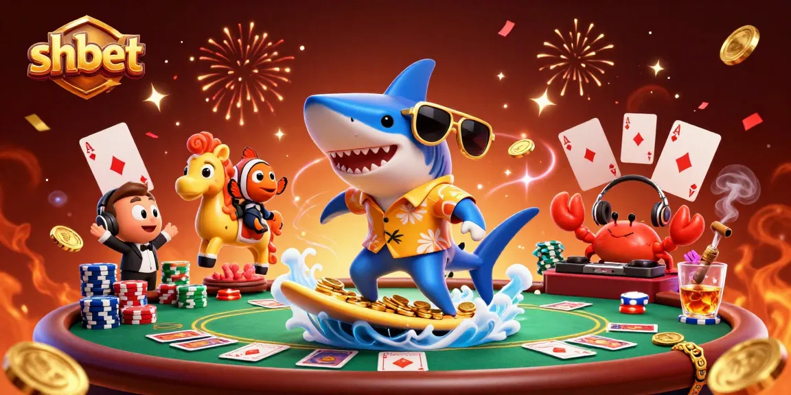 Experience shbet's vibrant casino excitement with a shark surfing coins and playful characters.
