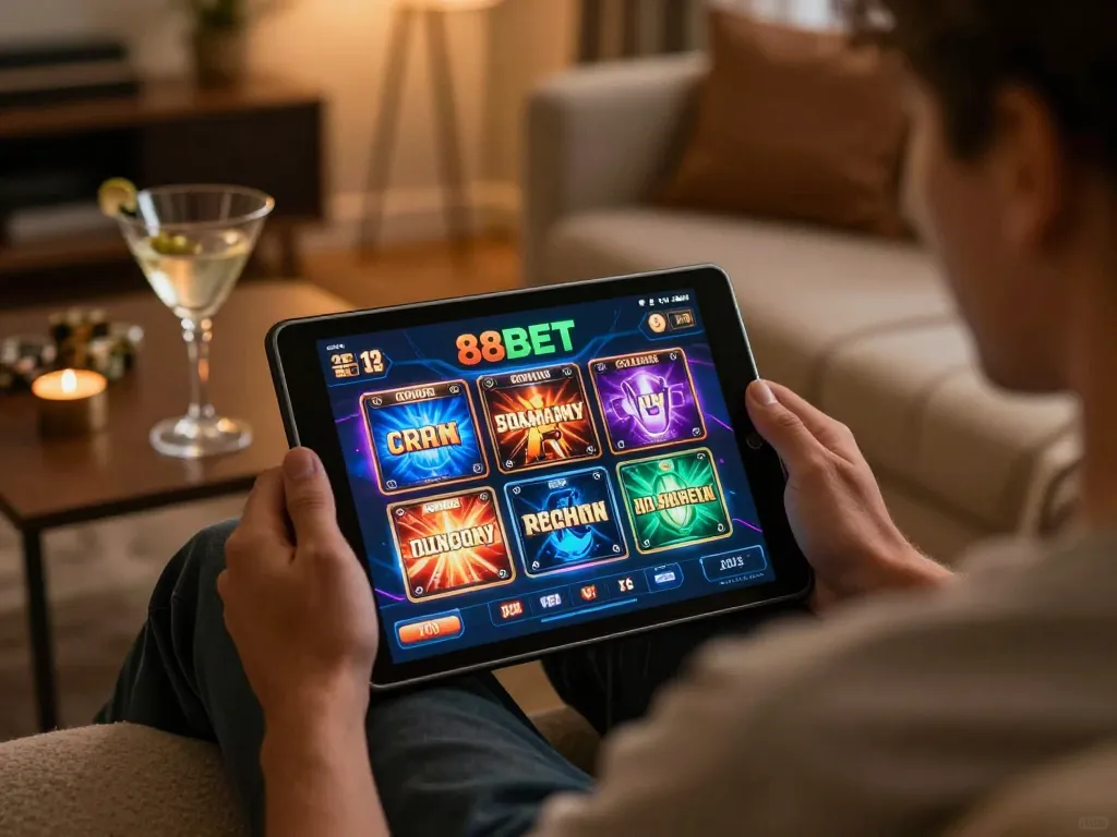Engaging gamer enjoying 88BET mobile casino experience from home sofa
