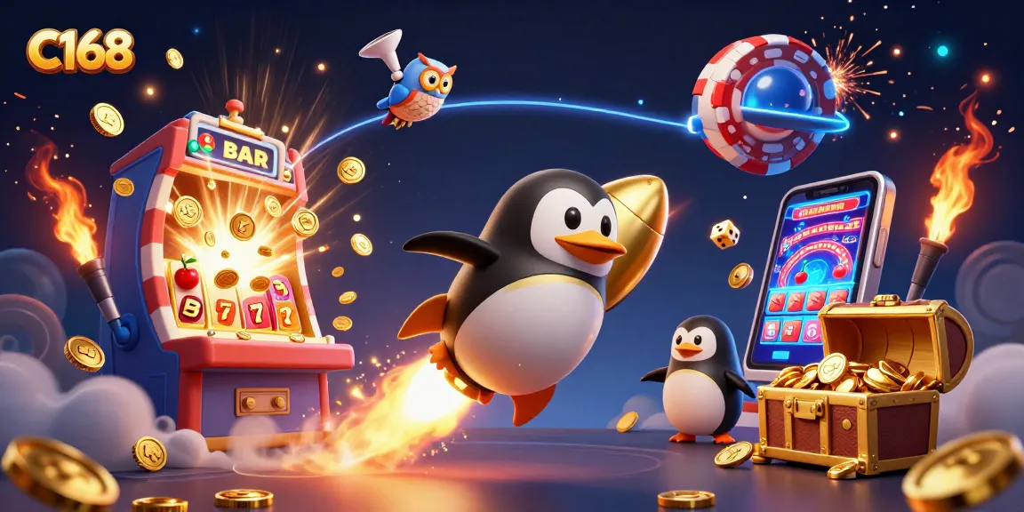 C168 casino theme illustration with a golden penguin, slot machine, and poker chip elements.