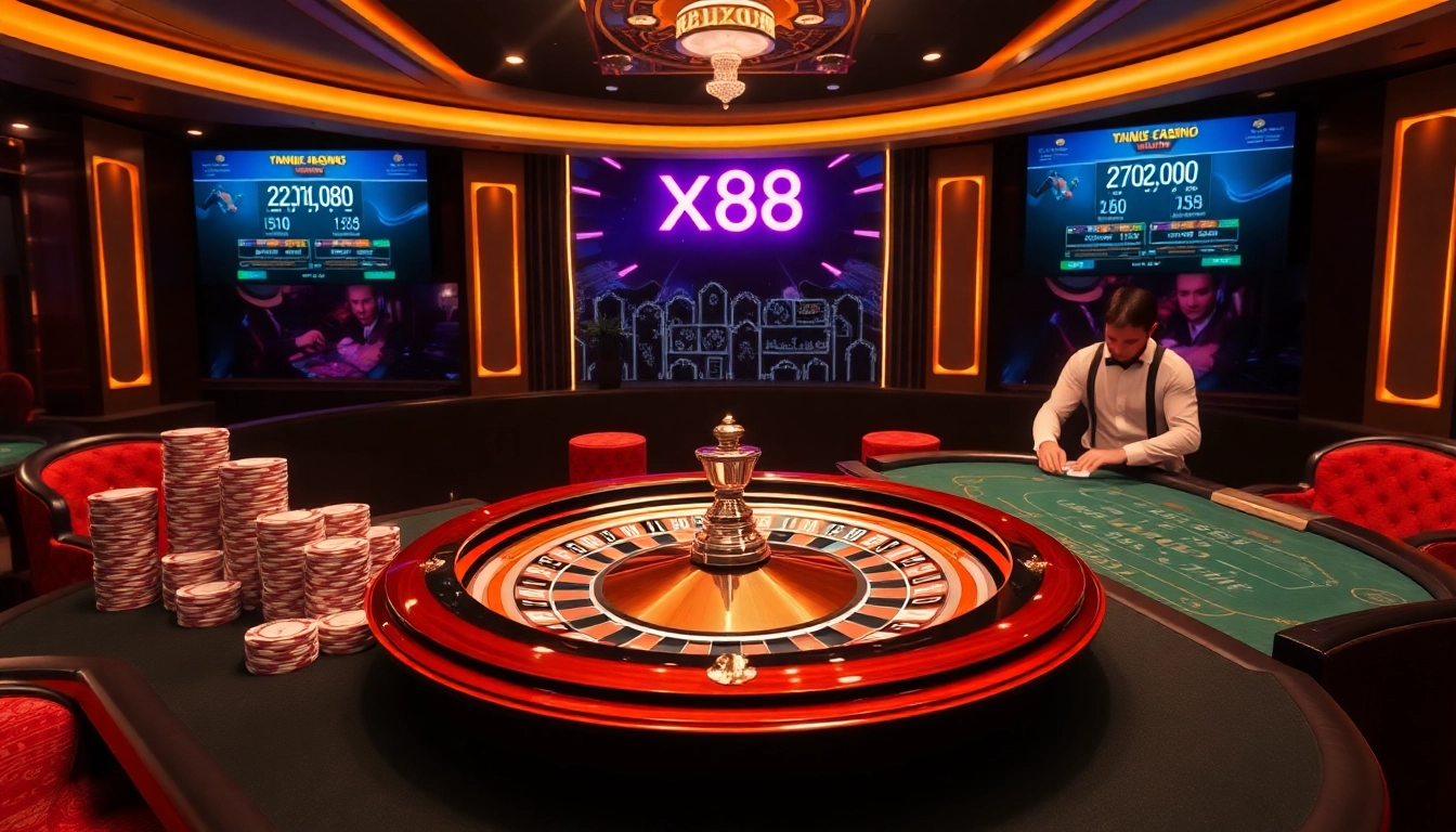 Play at xx88 online casino featuring vibrant poker chips and a spinning roulette wheel.