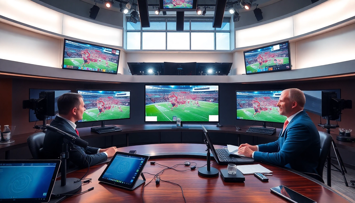Dynamic sports broadcasting studio with live feeds, showcasing the energy and professionalism of the industry.