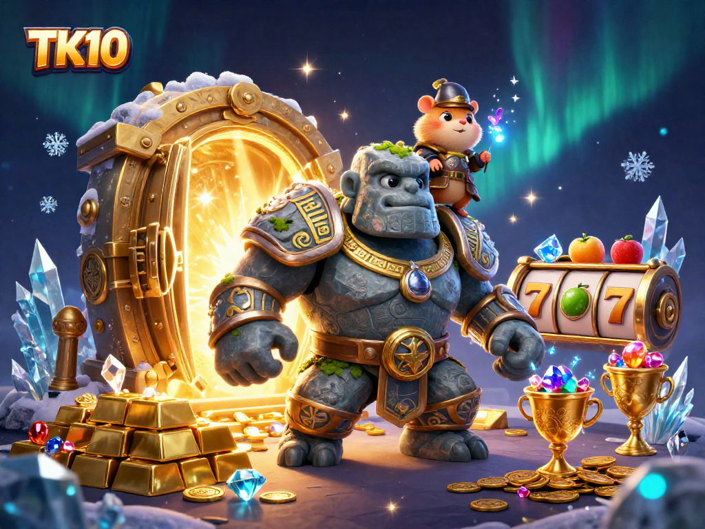 Experience the magical world of TK10 with a vibrant scene featuring a golem guardian and enchanting visuals.