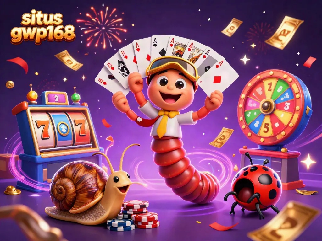 Mainkan permainan di situs gwp168 dengan dealer kartun 3D dan suasana kasino yang meriah.