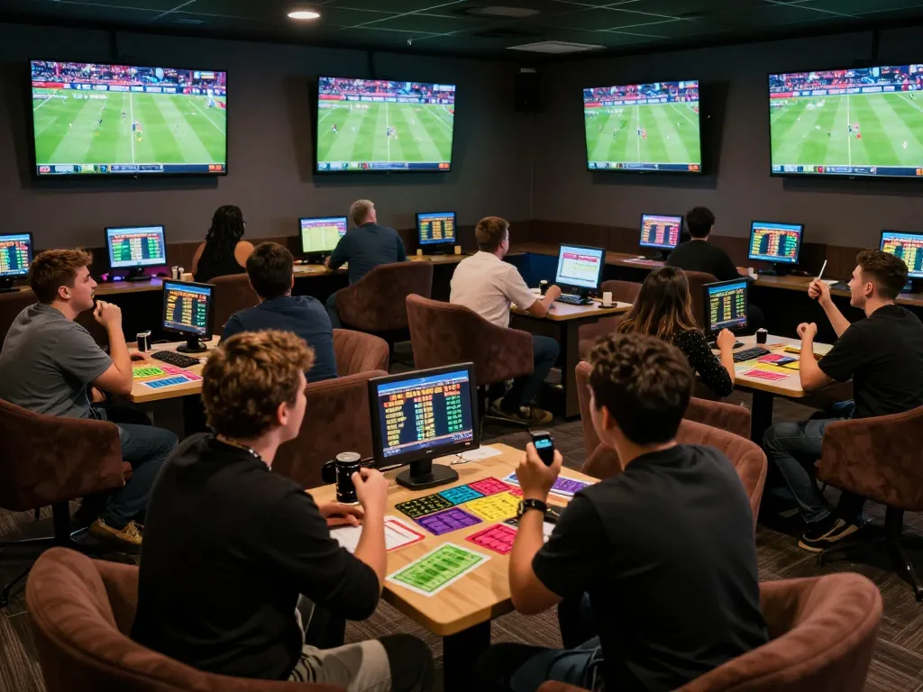 Tỷ lệ bóng đá kèo nhà cái displayed on screens in a bustling sports betting lounge with fans intensely engaged