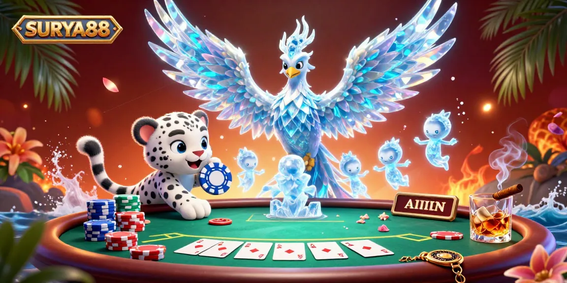 SURYA88 illuminates the casino scene with an ice phoenix, poker chips, and glowing sprites.