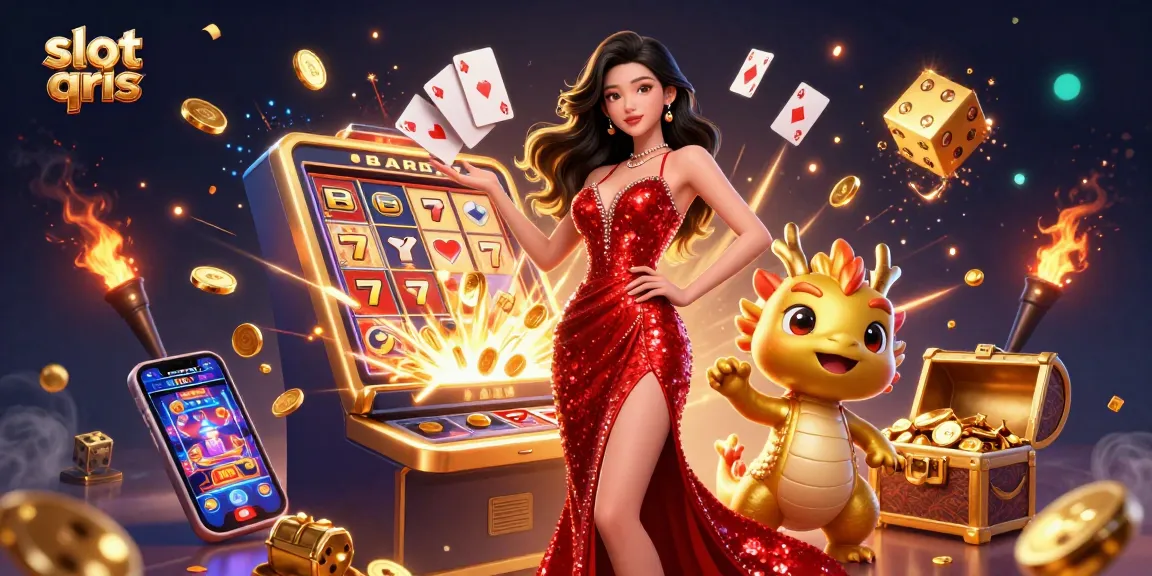 Experience thrilling wins with slot qris as a stunning Asian woman engages players in this vibrant casino scene.
