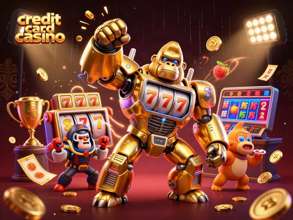 Engaging scene featuring a credit card casino mech with dynamic slots elements and gold coins flying around.