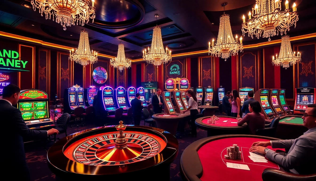 Experience RR88 excitement with a luxurious casino scene featuring roulette, cards, and slot machines.