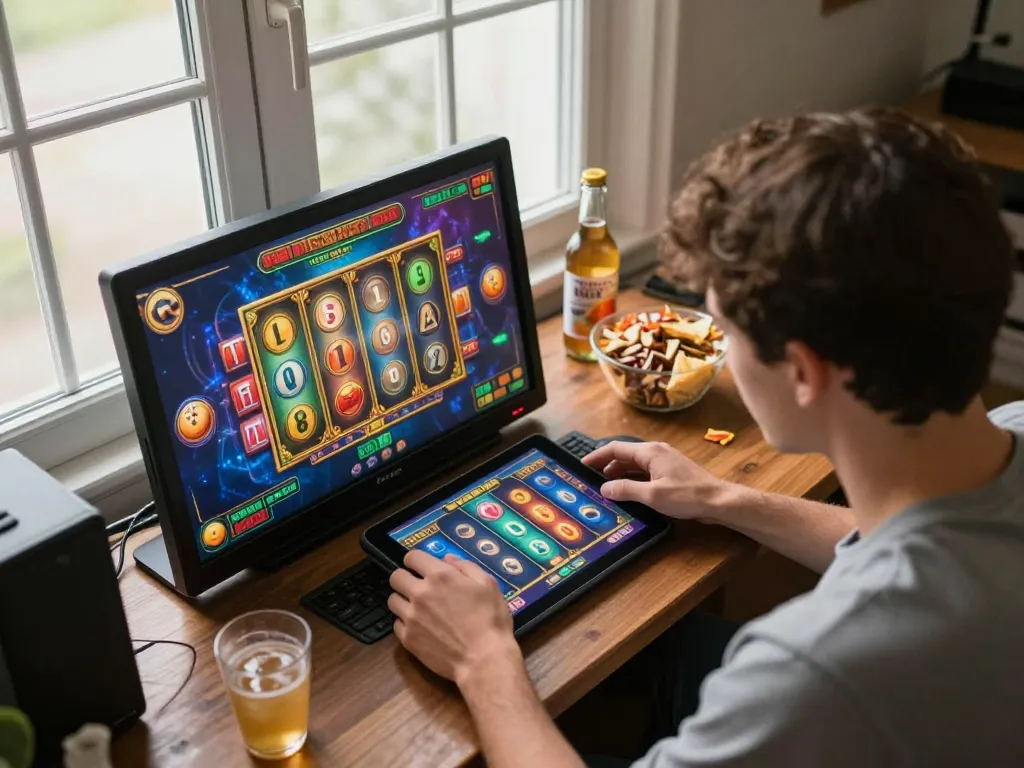 Player spinning online slots on tablet at home, enjoying gtatoto gaming excitement and comfort.