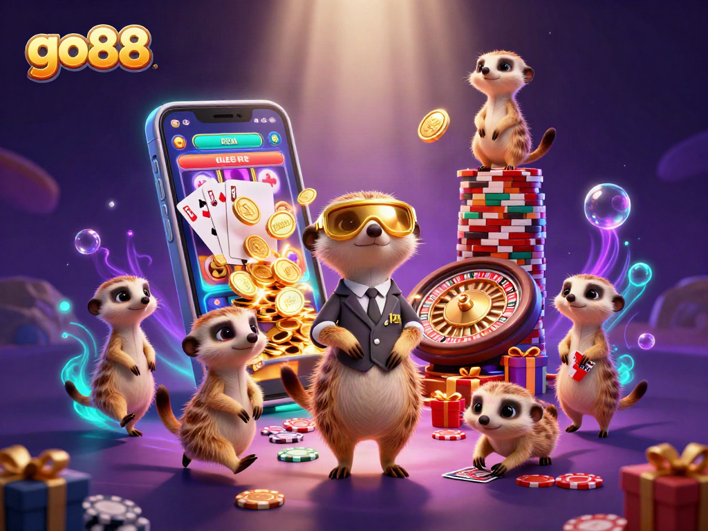 Play exciting games at go88 while meerkats manage the casino in a vibrant 3D scene.