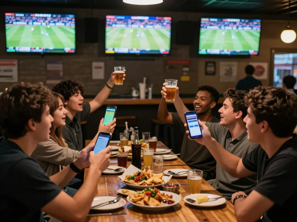 Engaged sports fans using m114 betting apps during a live game in a vibrant sports bar setting.