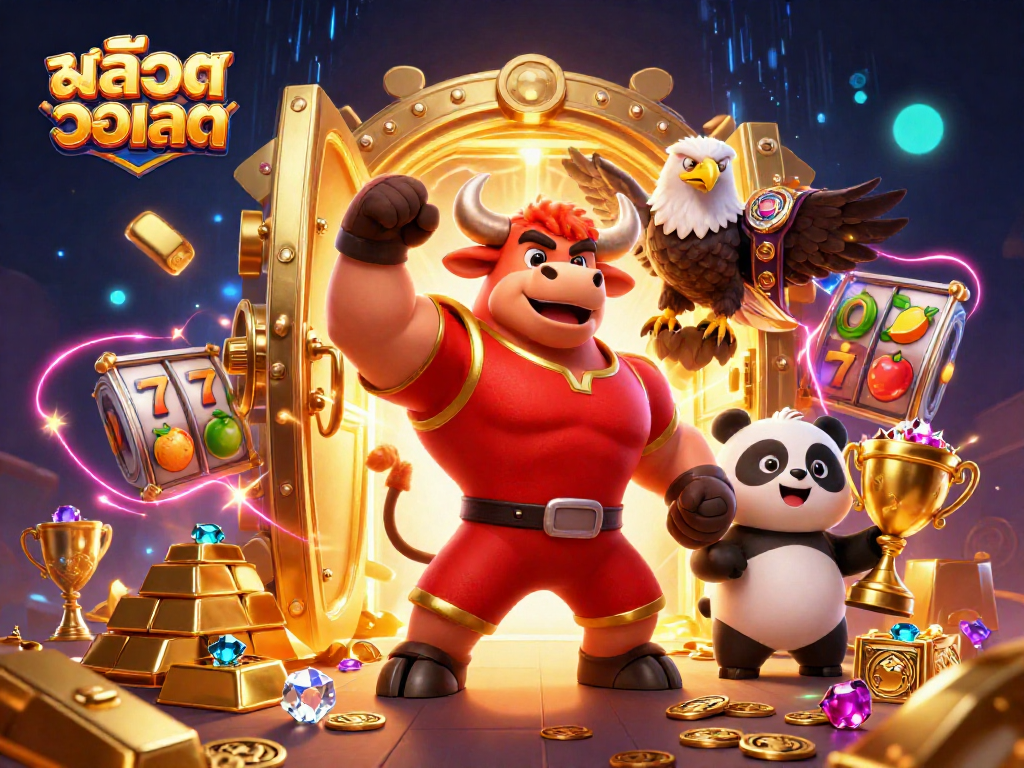 Spin and win with สล็อตวอเลท showcasing a victory pose by a bull mascot and treasures.