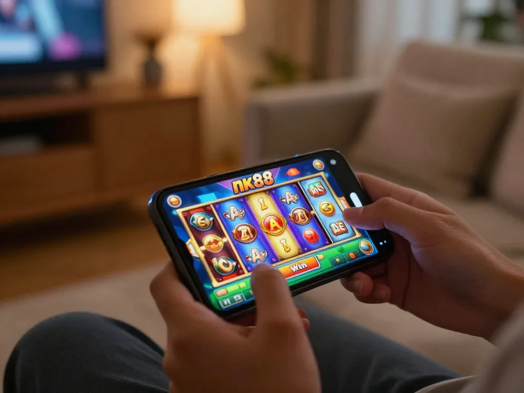 Engaging with nk88 win app on smartphone, vibrant slot interface visible in cozy home setting.