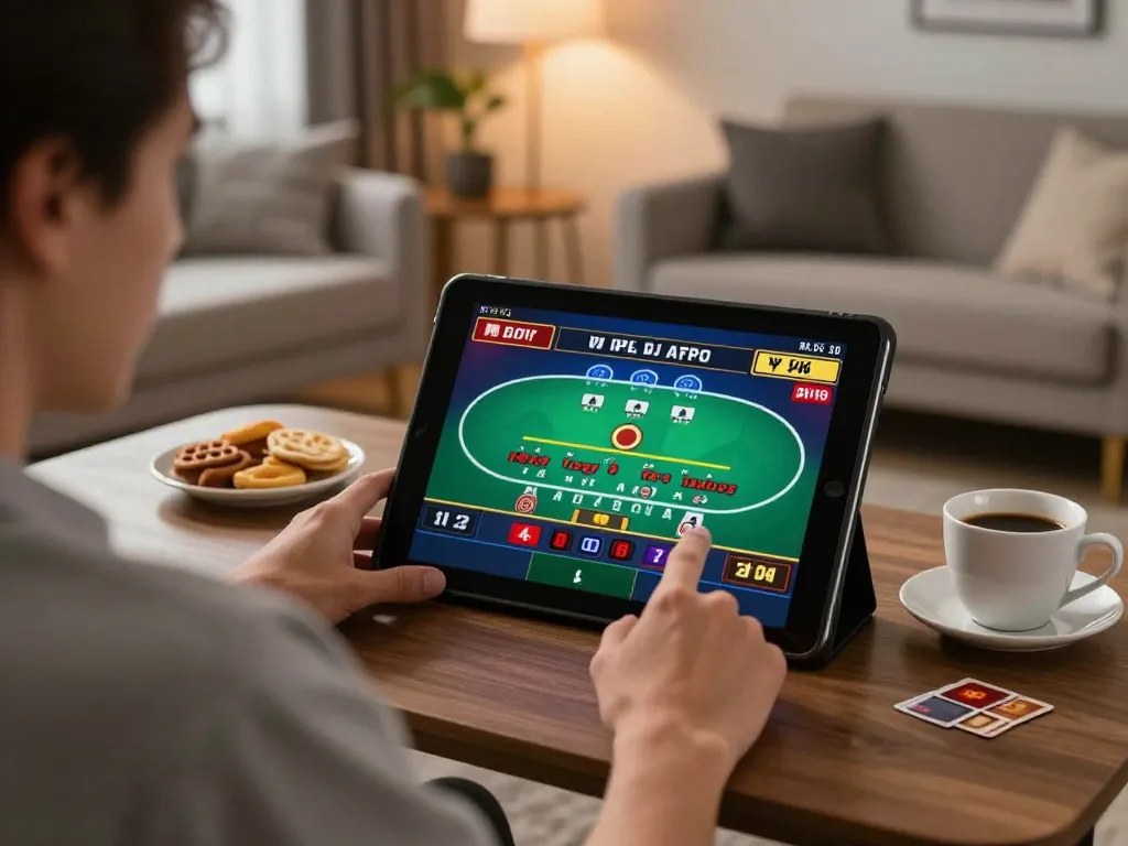 Player engaging in online casino game at home, showcasing nhà cái cm88 gameplay experience with vibrant atmosphere.