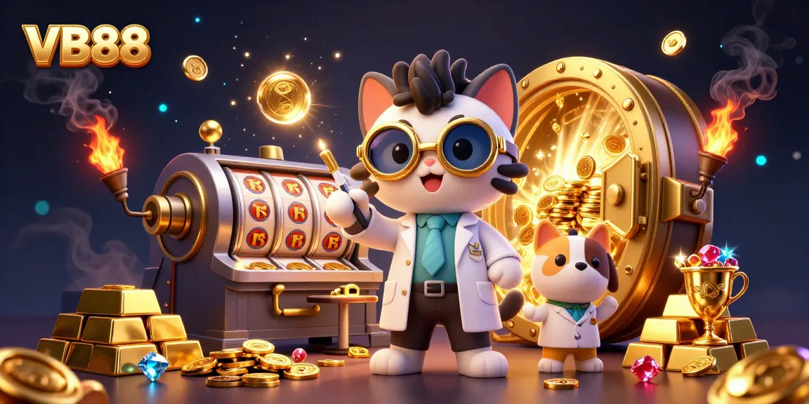 VB88 showcases a mad scientist cat and dog in a vibrant casino lab surrounded by gold coins, slot reels, and jackpots.