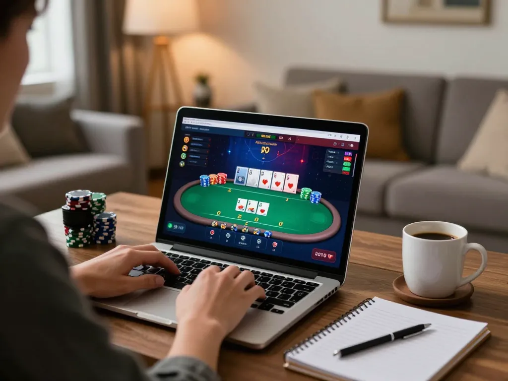 Player engaging in online poker at tg88 com with cards and chips visible in a cozy home setup.