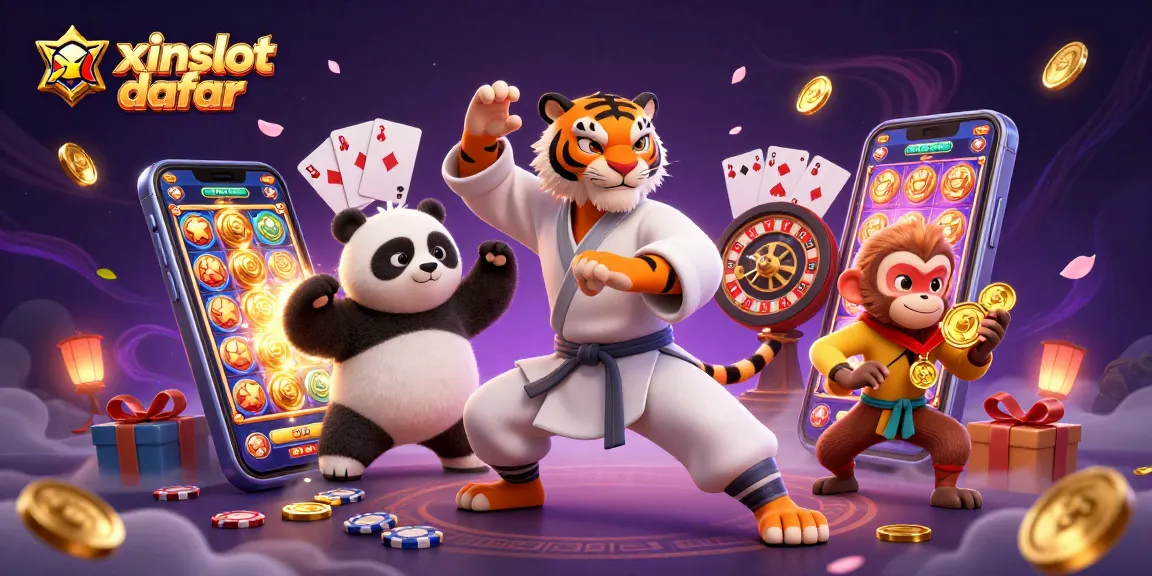XINSLOT daftar features a thrilling scene with a kung fu tiger master, a panda disciple, and a playful monkey, celebrating online gambling.