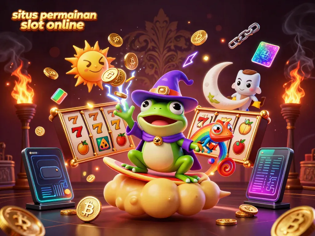 Visualisasi situs permainan slot online dengan karakter kartun 3D dan elemen kasino yang menarik.