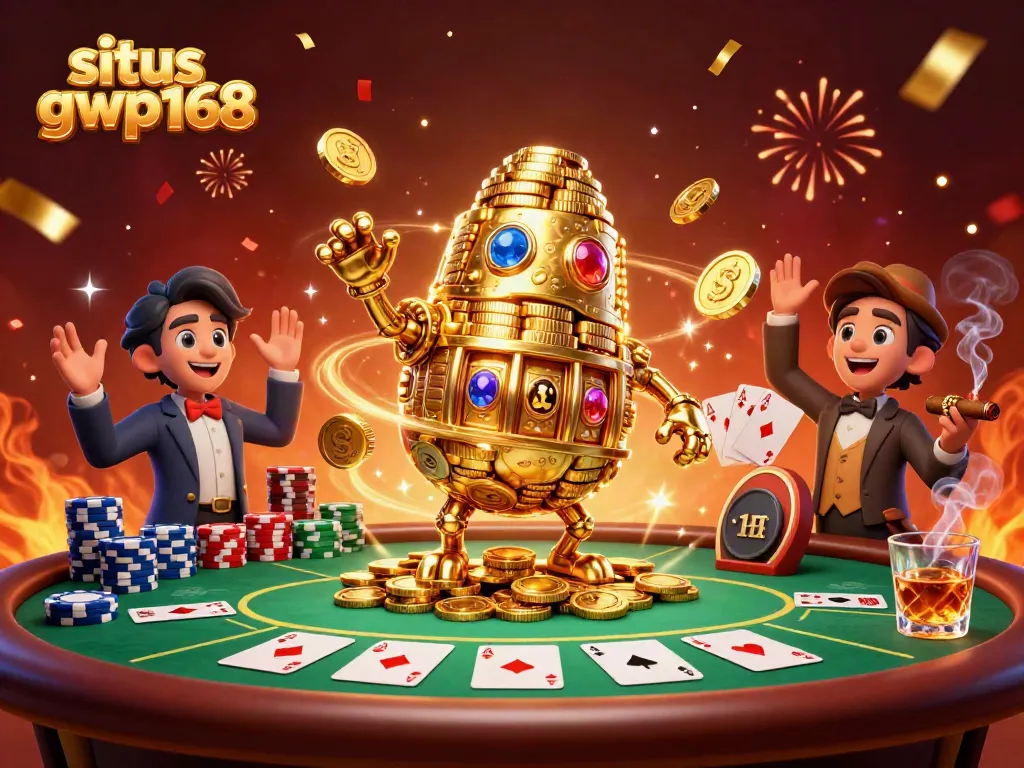 Ilustrasi 3D golem emas di situs gwp168 dengan koin berputar dan meja poker megah.