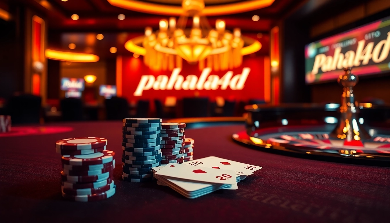 Experience high-stakes gambling at pahala4d with poker chips and roulette in a luxurious casino setting.