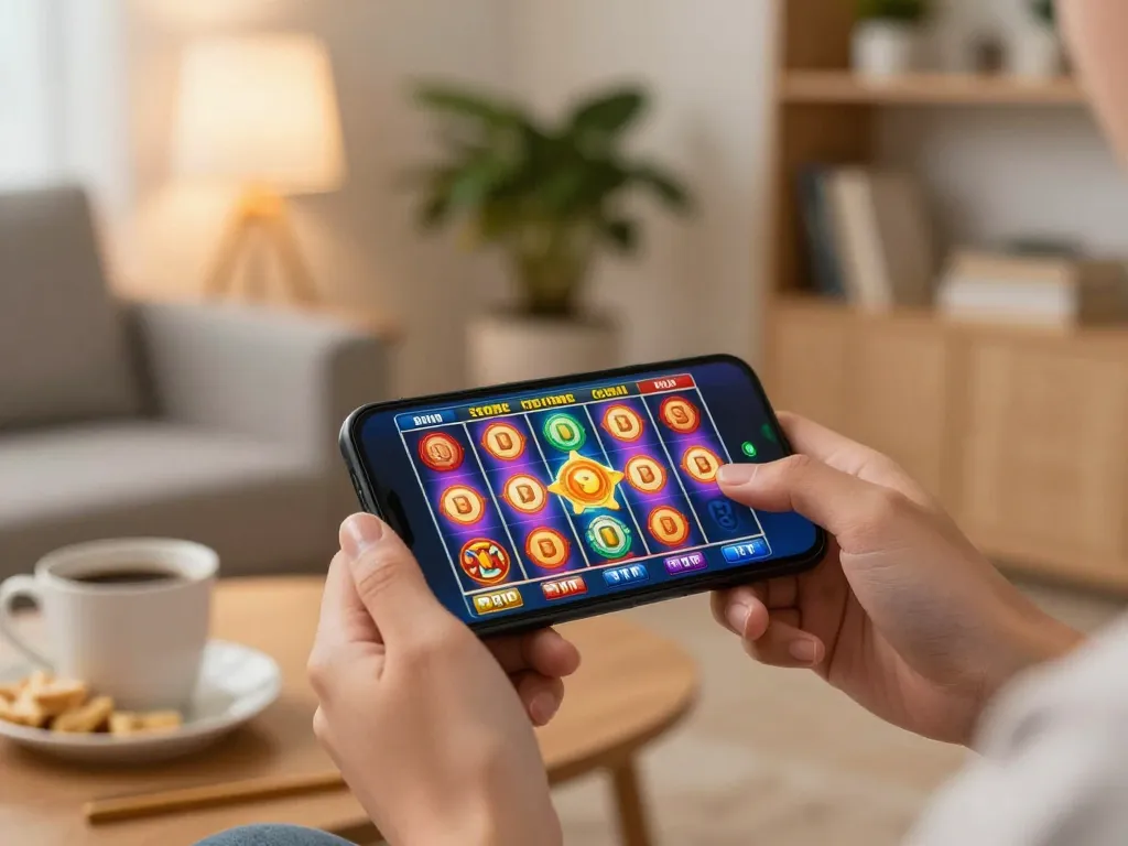 Engaging online casino gameplay on smartphone showcasing casinoatlas mobile gaming experience in a cozy home setting.