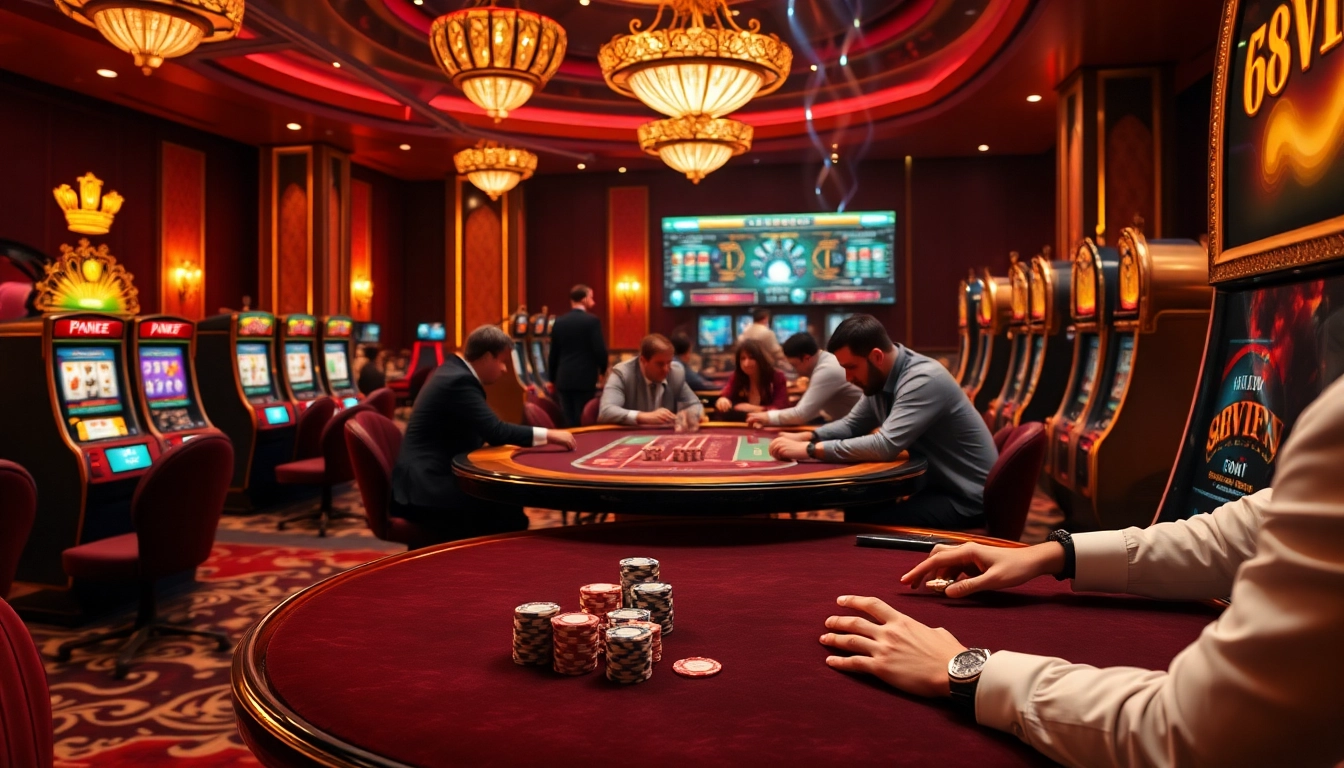 Experience thrilling gameplay at 68VIP's luxurious casino tables featuring vibrant slots and poker games.